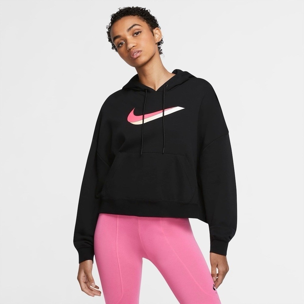 Nike Black Icon Clash Cropped Hoodie Sweatshirt Women's L White/Pink Swoosh